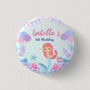 Cute Mermaid Rainbow Watercolor Birthday party  3 Cm Round Badge