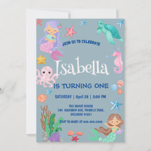 Cute Mermaid Rainbow Watercolor Birthday party  Invitation