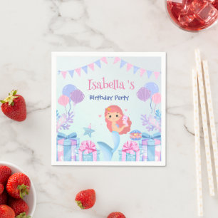 Cute Mermaid Rainbow Watercolor Birthday party  Napkin
