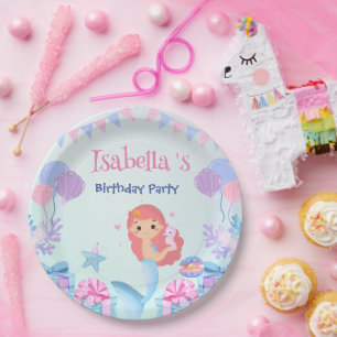 Cute Mermaid Rainbow Watercolor Birthday party  Paper Plate