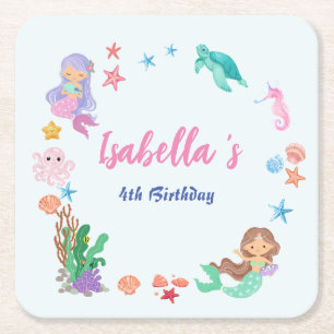 Cute Mermaid Rainbow Watercolor Birthday party Square Paper Coaster