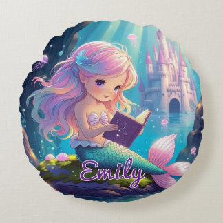 Cute Mermaid Reading Round Pillow