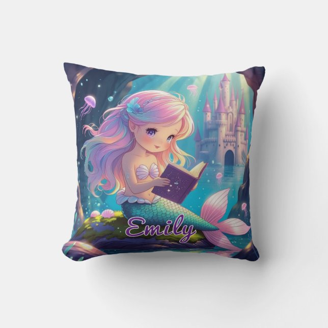 Cute Mermaid Reading Square Pillow (Front)
