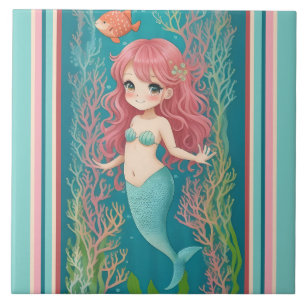 Cute Mermaid - Redhead Cartoon girl with blue tail Tile