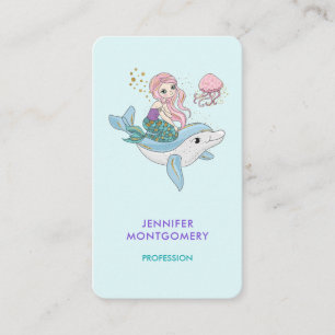 Cute Mermaid Riding a Dolphin Under the Sea Business Card