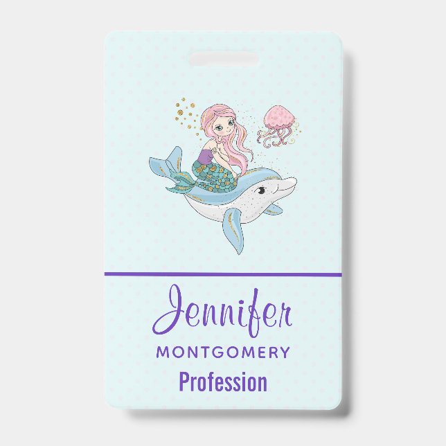 Cute Mermaid Riding a Dolphin Under the Sea ID Badge (Front)