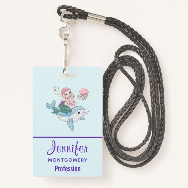 Cute Mermaid Riding a Dolphin Under the Sea ID Badge (Back with Lanyard)