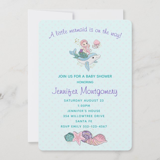 Cute Mermaid Riding a Dolphin Under the Sea Invitation (Front)