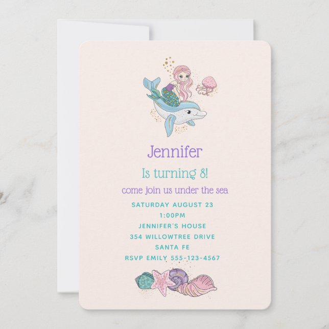 Cute Mermaid Riding a Dolphin Under the Sea Invitation (Front)