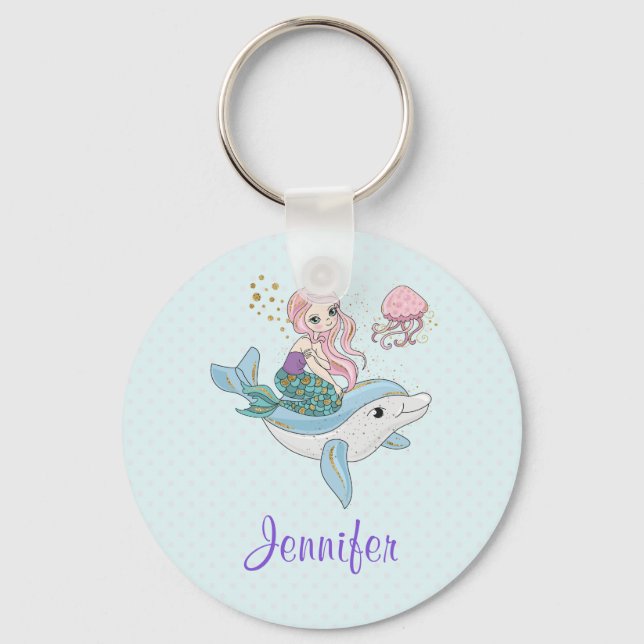 Cute Mermaid Riding a Dolphin Under the Sea Key Ring (Front)