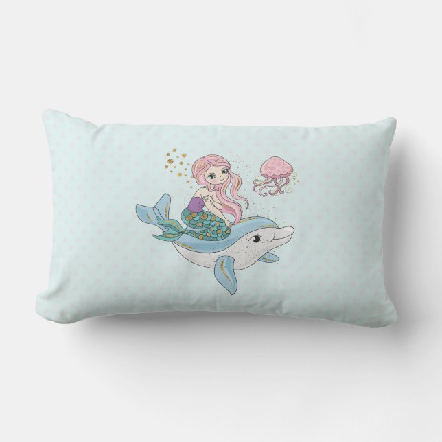 Cute Mermaid Riding a Dolphin Under the Sea Lumbar Cushion (Front)