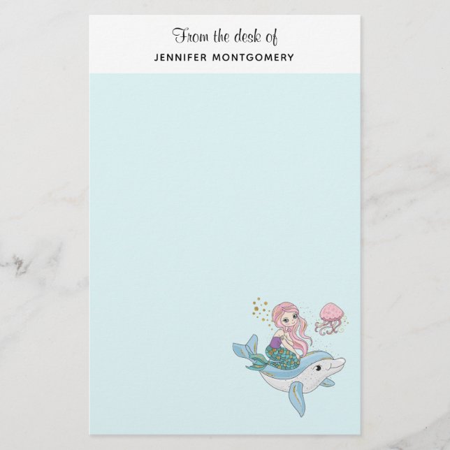 Cute Mermaid Riding a Dolphin Under the Sea Stationery (Front)