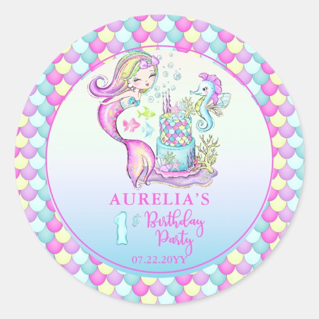 Cute Mermaid | Sea Girl's 1st Birthday Party  Classic Round Sticker (Front)