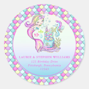 Cute Mermaid   Sea Girl's Birthday Return Address Classic Round Sticker