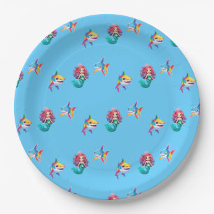 Cute Mermaid shark rainbow colorful birthday party Paper Plate