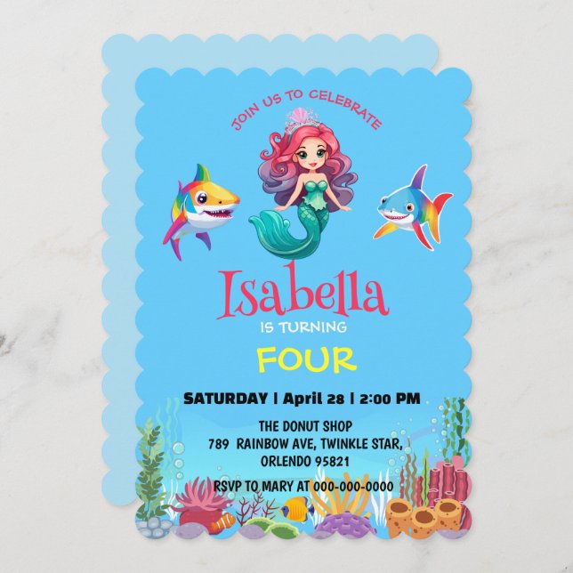 Cute Mermaid shark rainbow colourful birthday part Invitation (Front/Back)