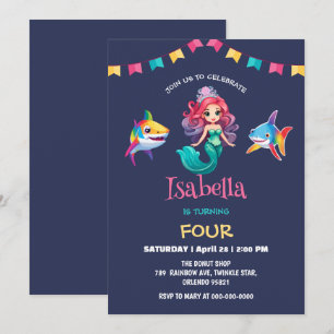Cute Mermaid shark rainbow colourful birthday part Invitation
