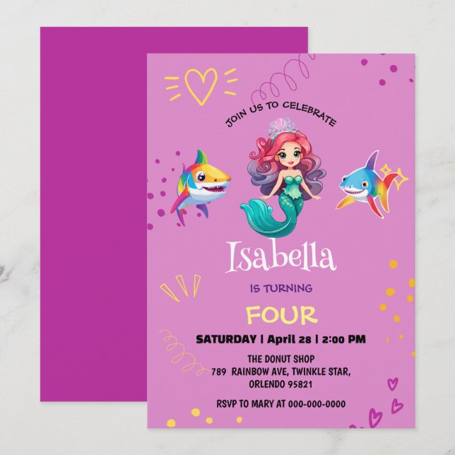 Cute Mermaid shark rainbow colourful birthday part Invitation (Front/Back)