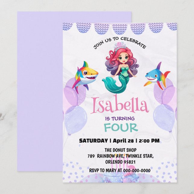 Cute Mermaid shark rainbow colourful birthday part Invitation (Front/Back)