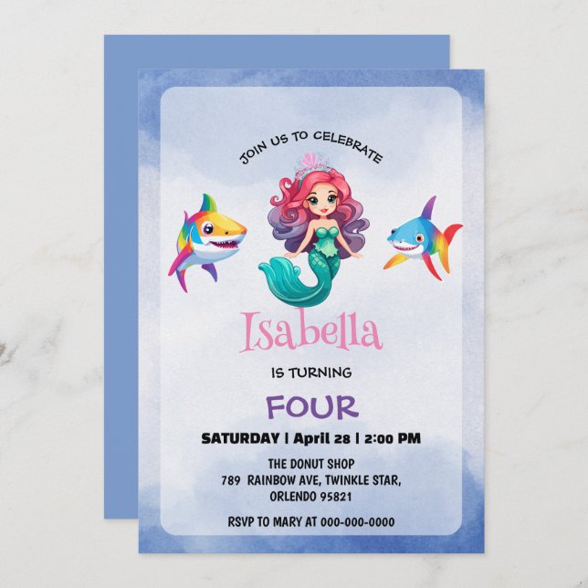 Cute Mermaid shark rainbow colourful birthday part Invitation (Front/Back)