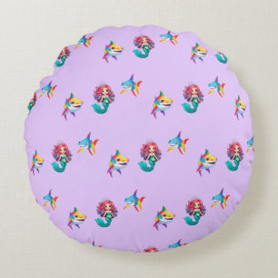 Cute Mermaid shark rainbow colourful birthday part Round Cushion