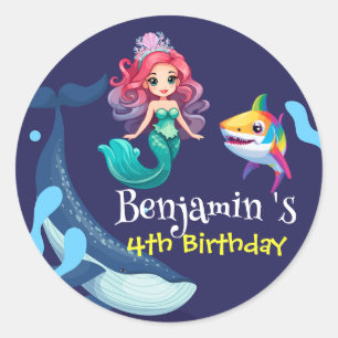 Cute Mermaid shark Whale colourful birthday party Classic Round Sticker