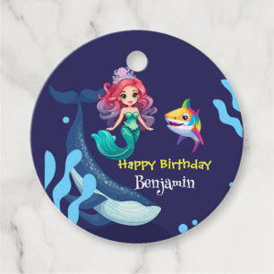 Cute Mermaid shark Whale rainbow colourful birthda Favour Tags