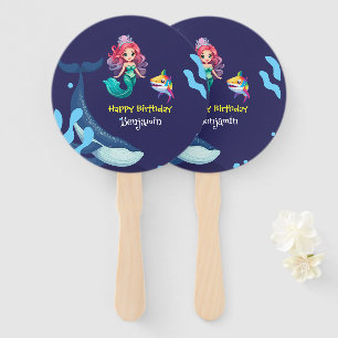 Cute Mermaid shark Whale rainbow colourful birthda Hand Fan