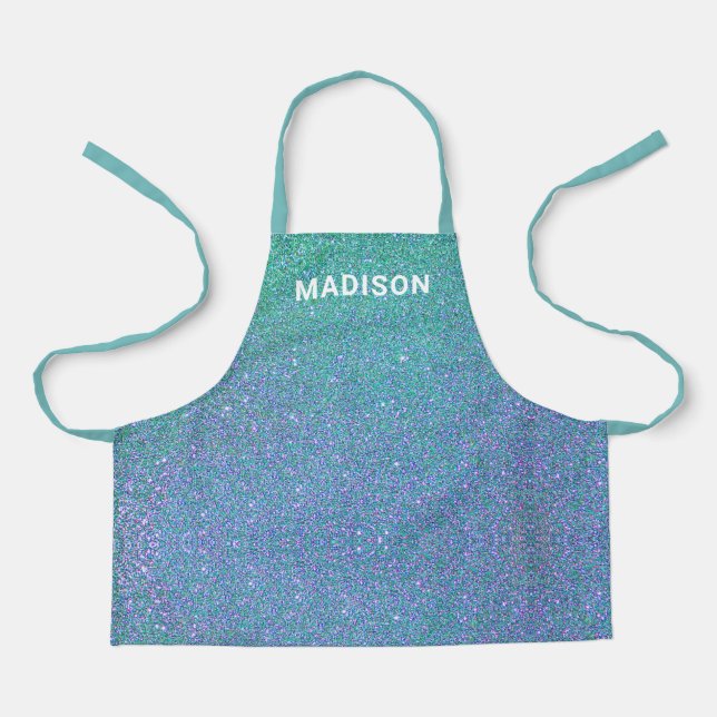 Cute Mermaid Teal Blue Glitter Ombre Name Kids Apron (Front)