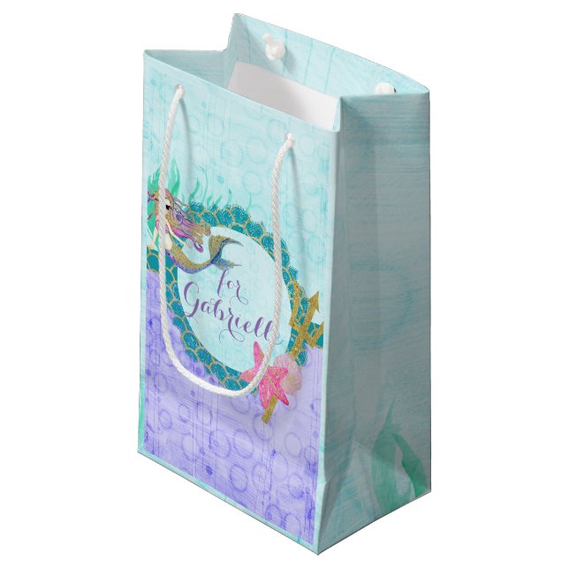 Cute Mermaid Teal & Purple Birthday Party Small Gift Bag (Front Angled)