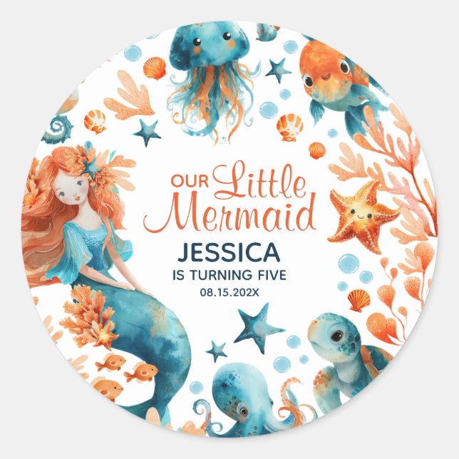 Cute Mermaid Under The Sea Baby Girl Birthday Classic Round Sticker (Front)