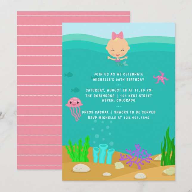 Cute Mermaid Under the Sea Girl Birthday Party Invitation (Front/Back)