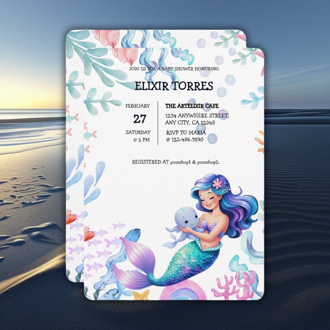 Cute Mermaid Under the Sea Watercolor Baby Shower Invitation (Creator Uploaded)
