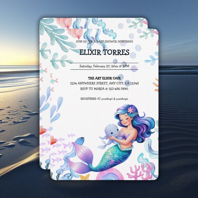 Cute Mermaid Under the Sea Watercolor Baby Shower Invitation (Creator Uploaded)
