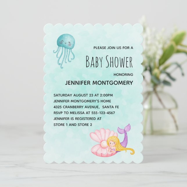 Cute Mermaid Under the Sea Watercolor Baby Shower  Invitation (Standing Front)