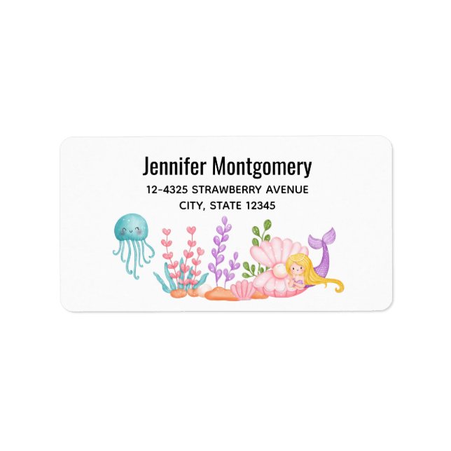 Cute Mermaid Under the Sea Watercolor Label (Front)