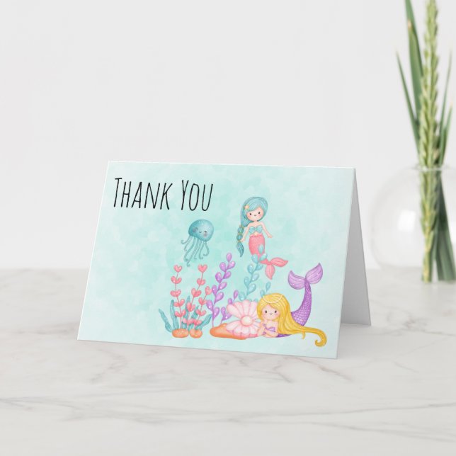Cute Mermaid Under the Sea Watercolor Thank You Card (Front)
