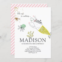 Cute Mermaid Unicorn Faux Gold Birthday Invitation