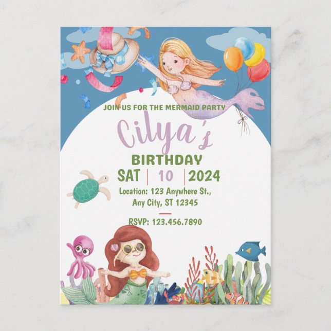 Cute Mermaid Watercolor birthday Invitation Postcard (Front)