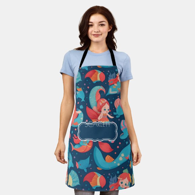 Cute Mermaid Watercolor Colourful Pattern Apron (Worn)