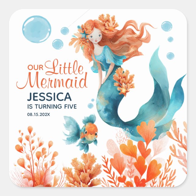 Cute Mermaid Watercolor Ocean Girl Kids' Birthday  Square Sticker (Front)