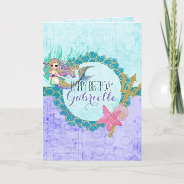 Cute Mermaid Watercolor Teal Purple Girl Birthday Card (Front)