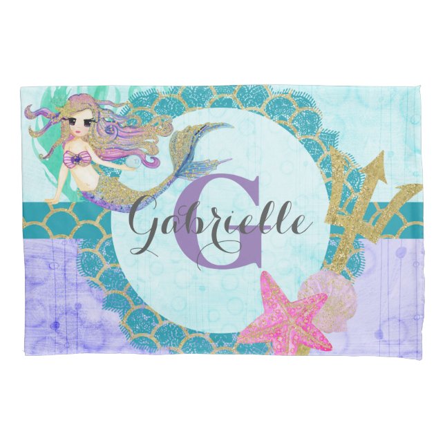 Cute Mermaid Watercolor Teal & Purple Monogram Pillowcase (Front-Left)