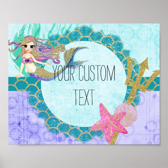 Cute Mermaid Watercolor Teal & Purple Monogram Poster (Front)