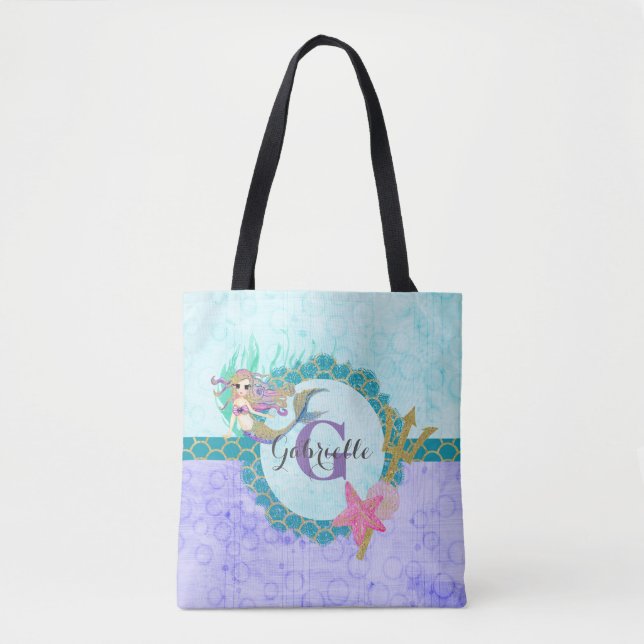 Cute Mermaid Watercolor Teal & Purple Monogram Tote Bag (Front)