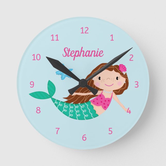 Cute Mermaid Whimsical Personalised Round Clock (Front)