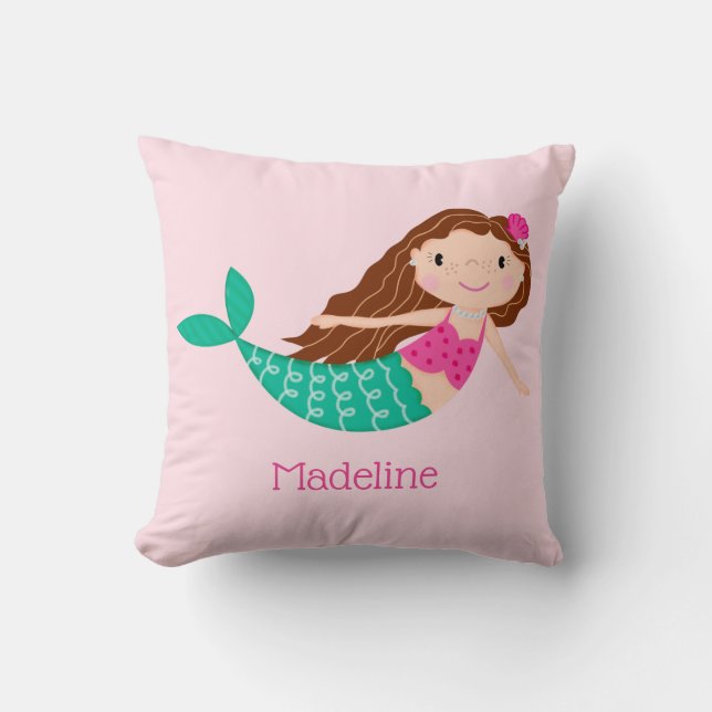 Cute Mermaid Whimsical Pink Personalised Cushion (Front)