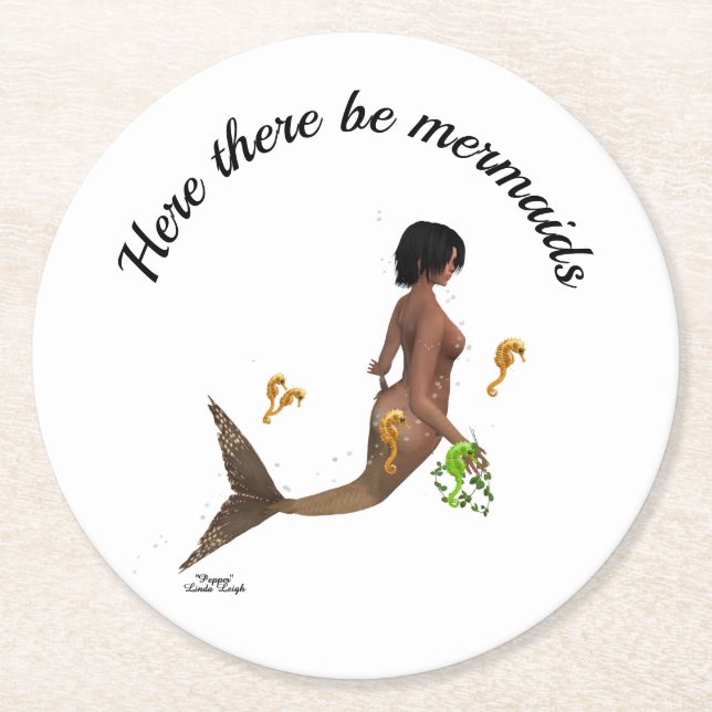 Cute Mermaid With Seahorses Paper Coaster (Front)