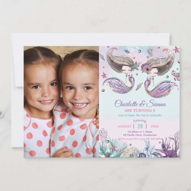 Cute Mermaids Twins Sisters Birthday Party Photo Invitation (Front)