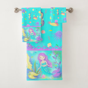 Cute Mermaids Under the Sea Neon Bath Towel Set